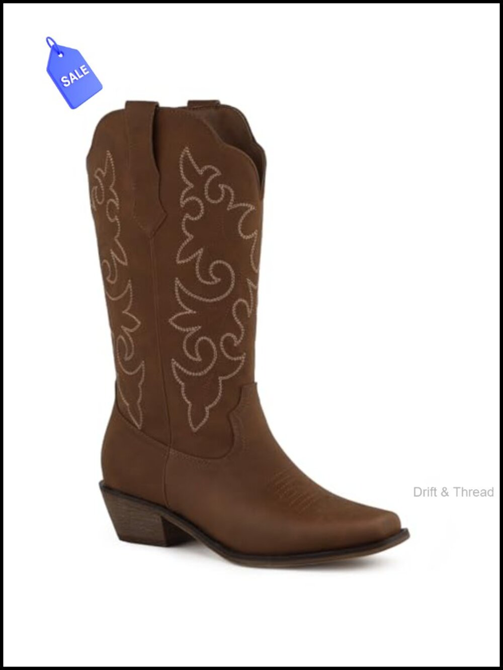 Square Toe Cowboy Boots Women Mid Calf Block Heel Faux Leather